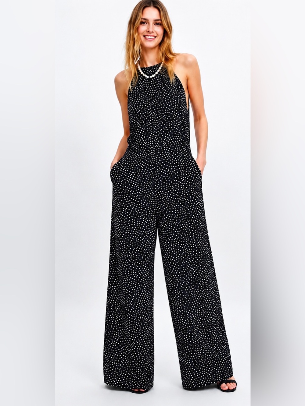 Zara Polka Dot Wide Leg Backless Halter Jumpsuit Large